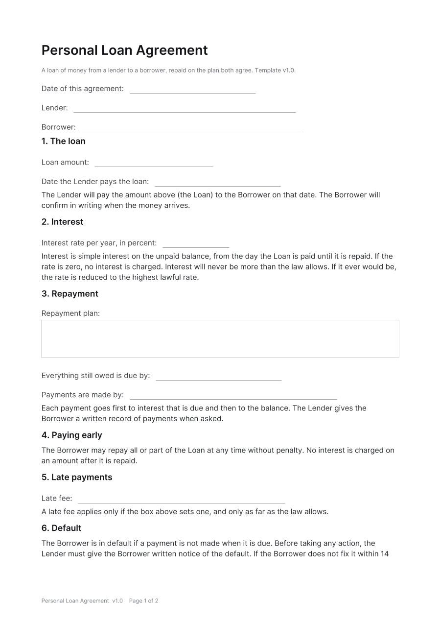 First page of the Personal Loan Agreement template