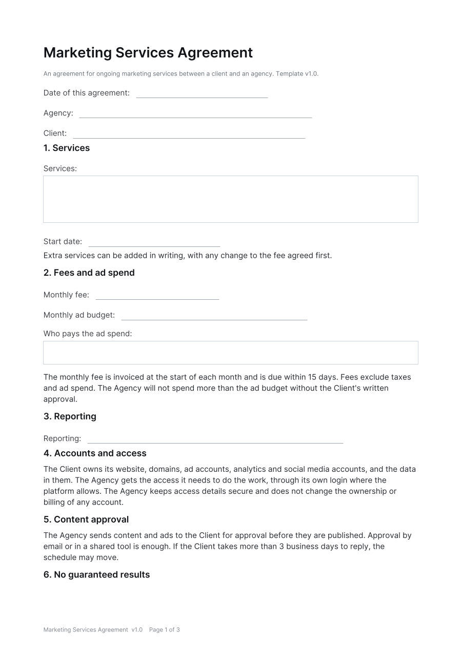 First page of the Marketing Services Agreement template