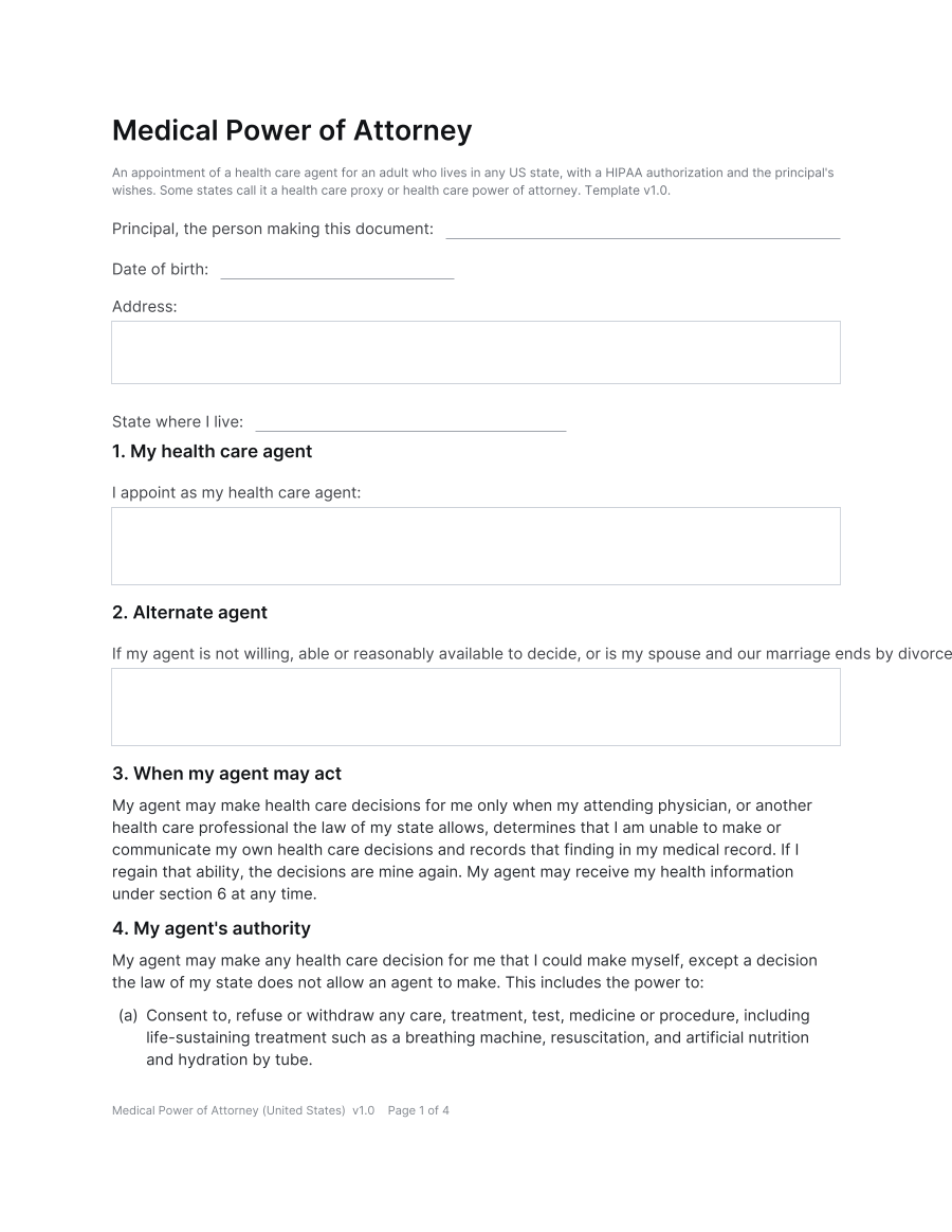 First page of the Medical Power of Attorney (United States) template
