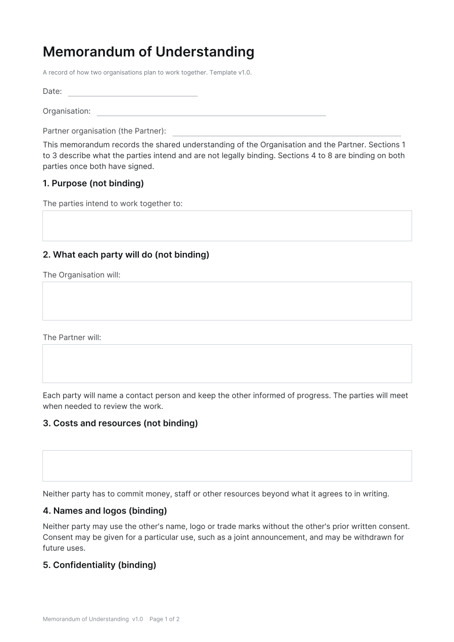 First page of the Memorandum of Understanding template