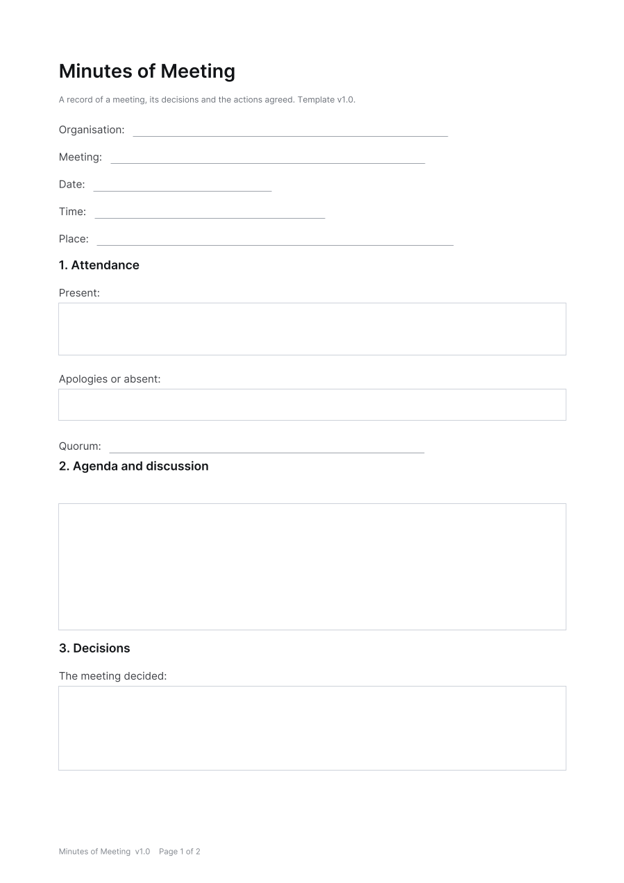 First page of the Minutes of Meeting template