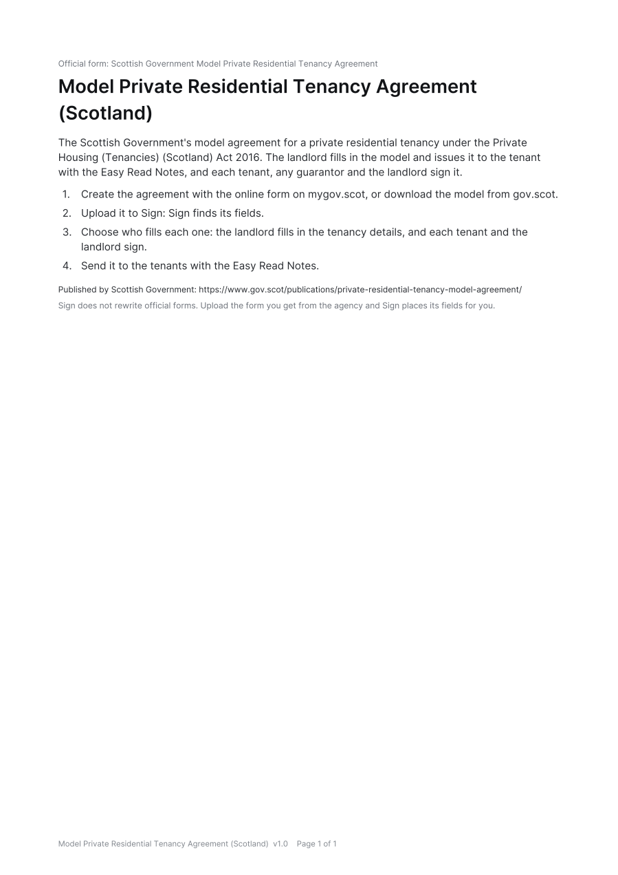 First page of the Model Private Residential Tenancy Agreement (Scotland) template