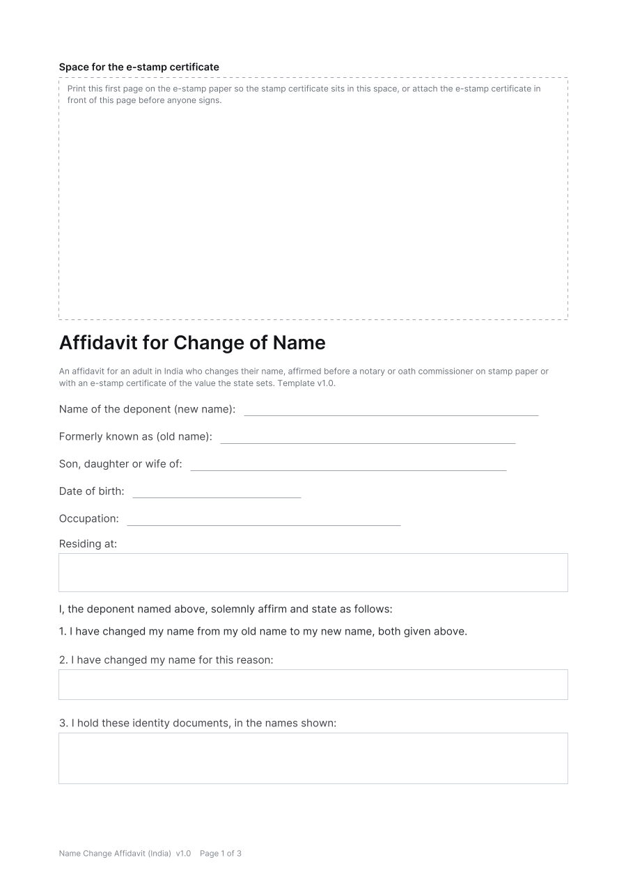 First page of the Name Change Affidavit (India) template