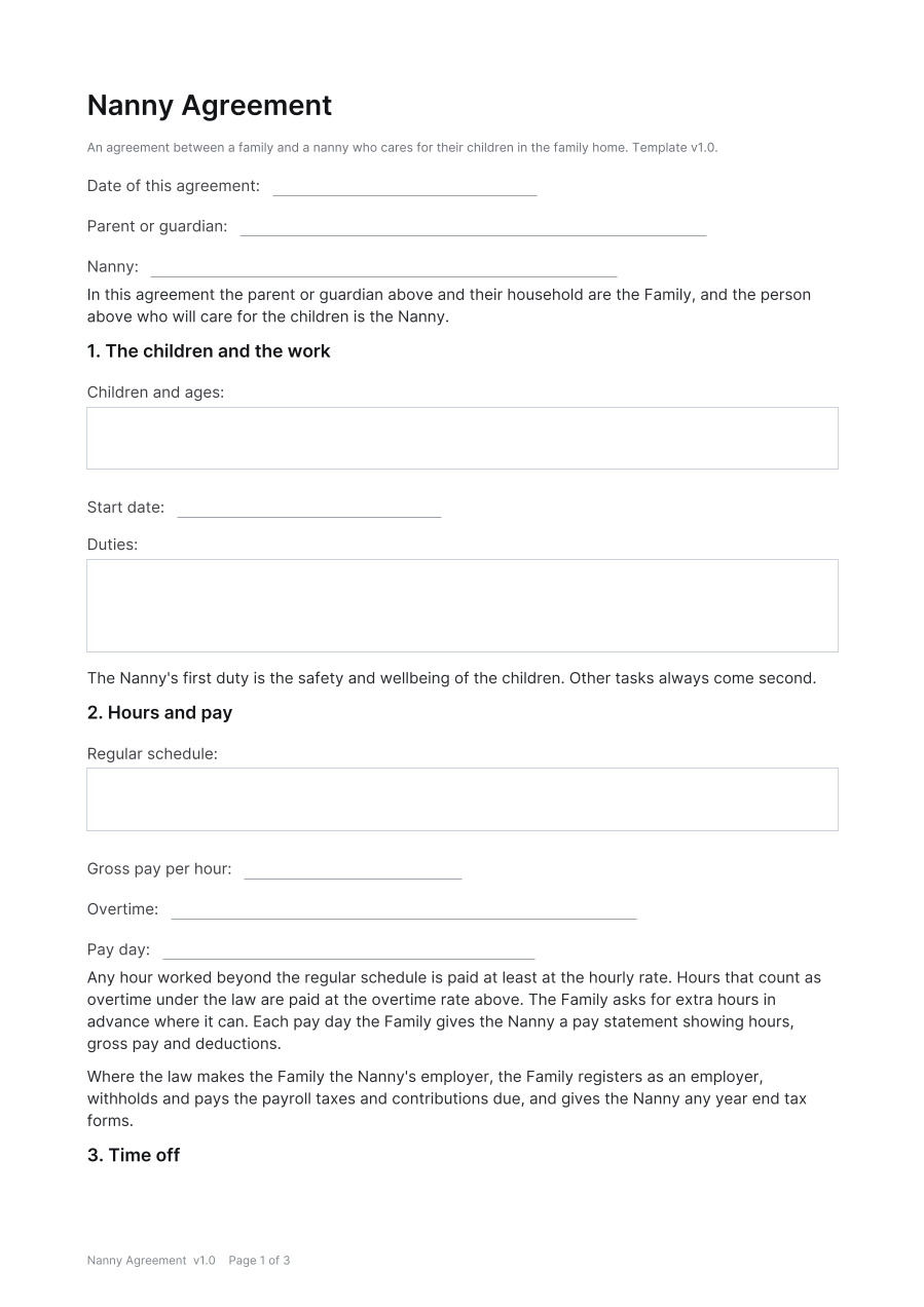 First page of the Nanny Agreement template