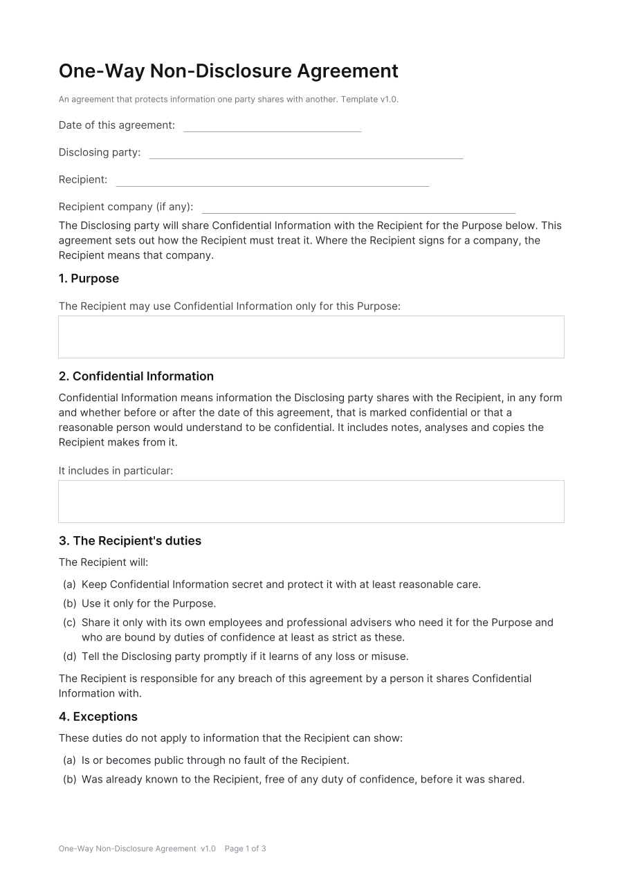First page of the One-Way Non-Disclosure Agreement template