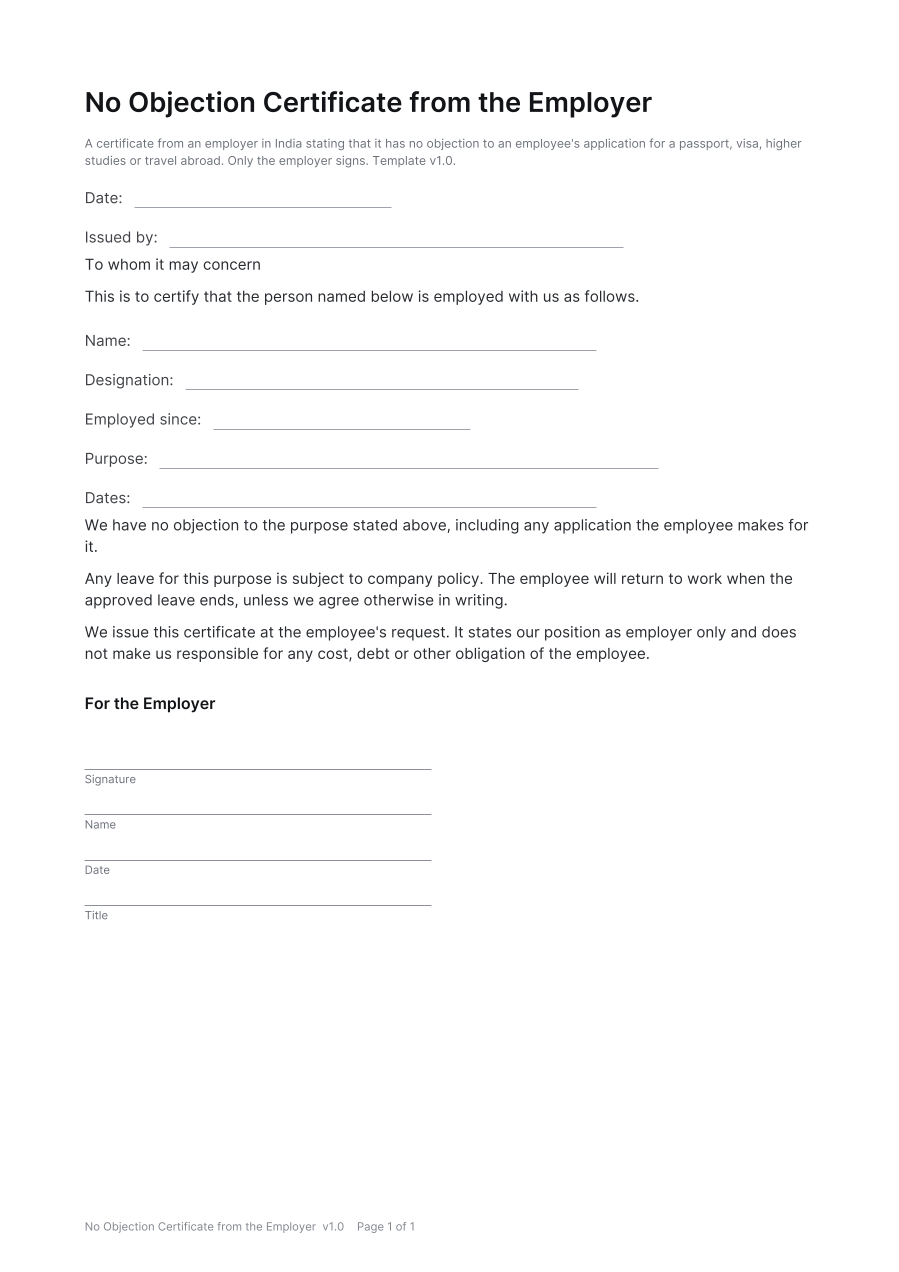First page of the No Objection Certificate from the Employer template