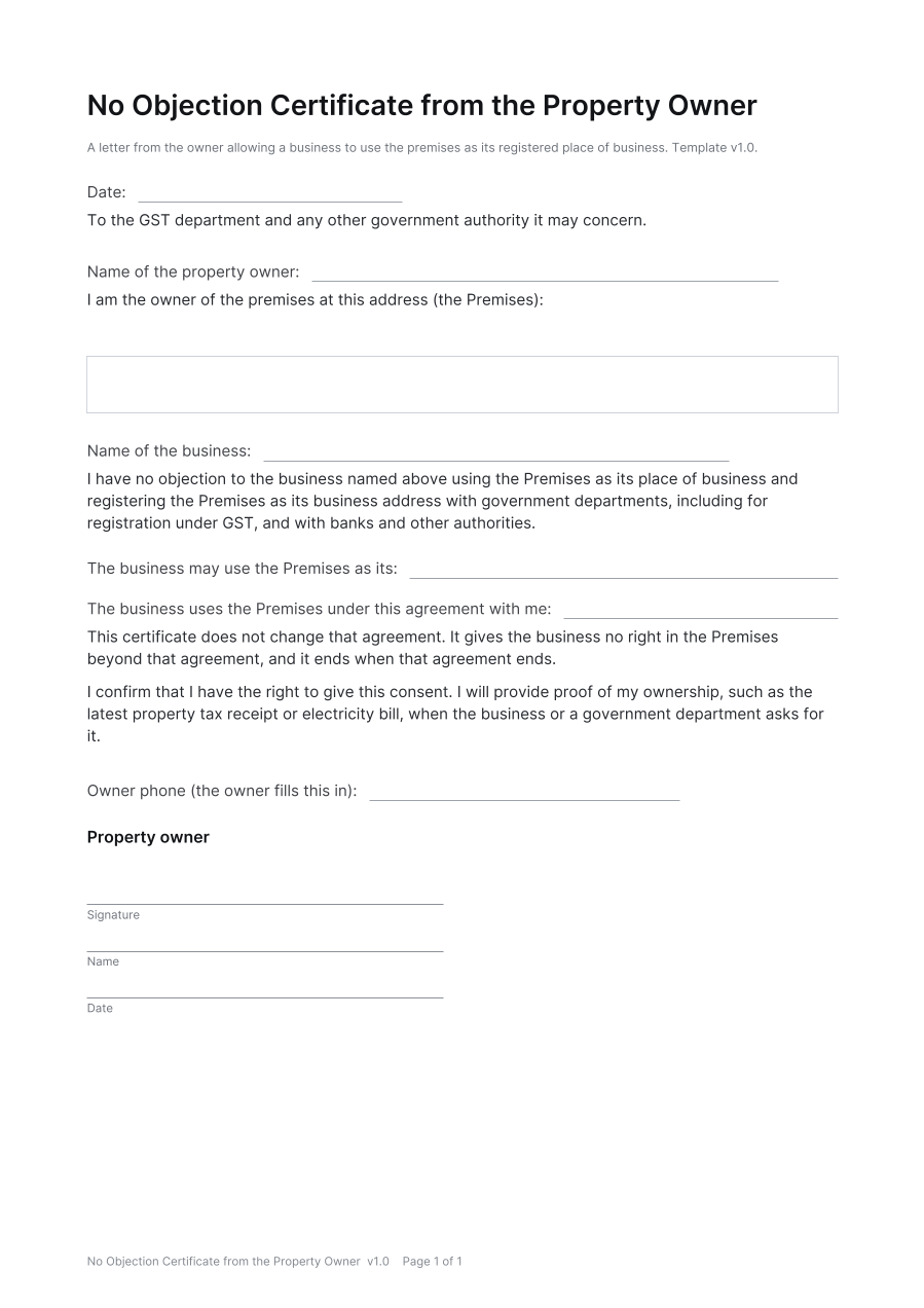First page of the No Objection Certificate from the Property Owner template