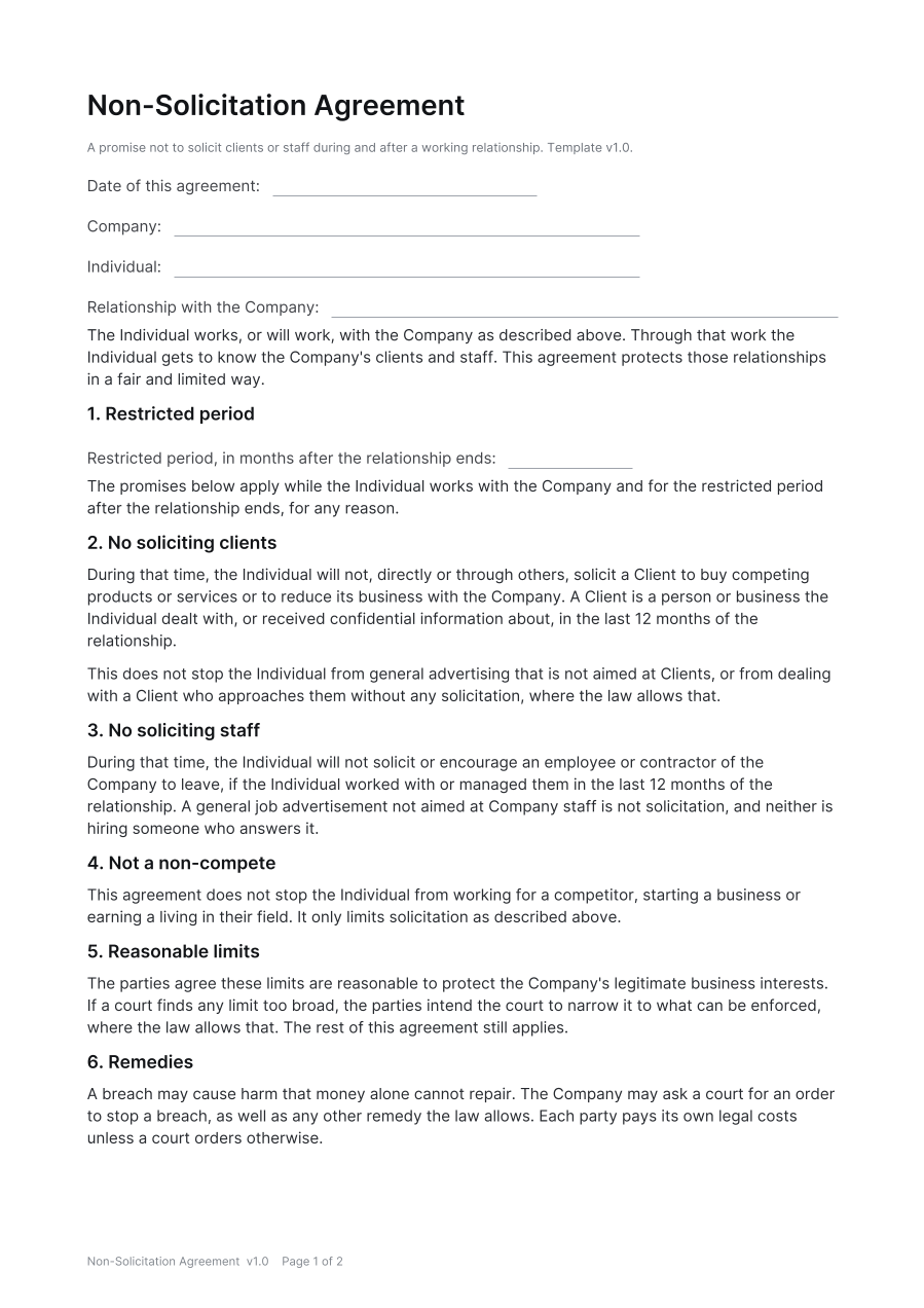 First page of the Non-Solicitation Agreement template