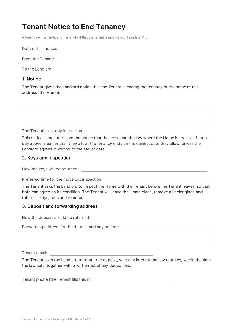 First page of the Tenant Notice to End Tenancy template