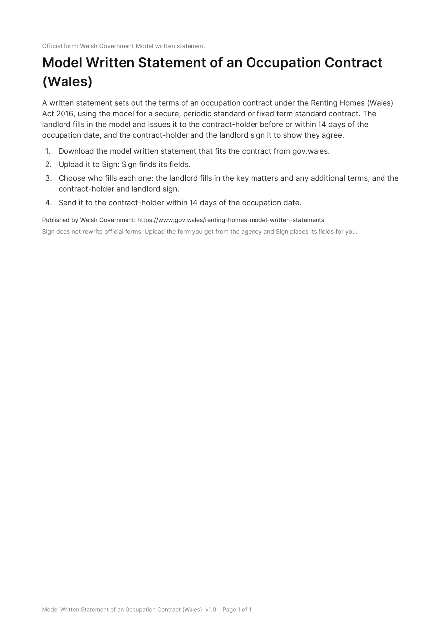 First page of the Model Written Statement of an Occupation Contract (Wales) template