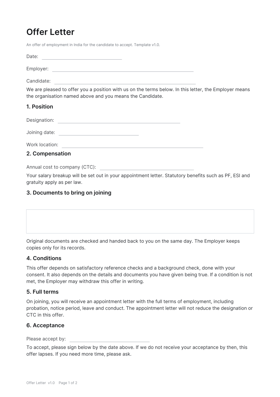 First page of the Offer Letter template