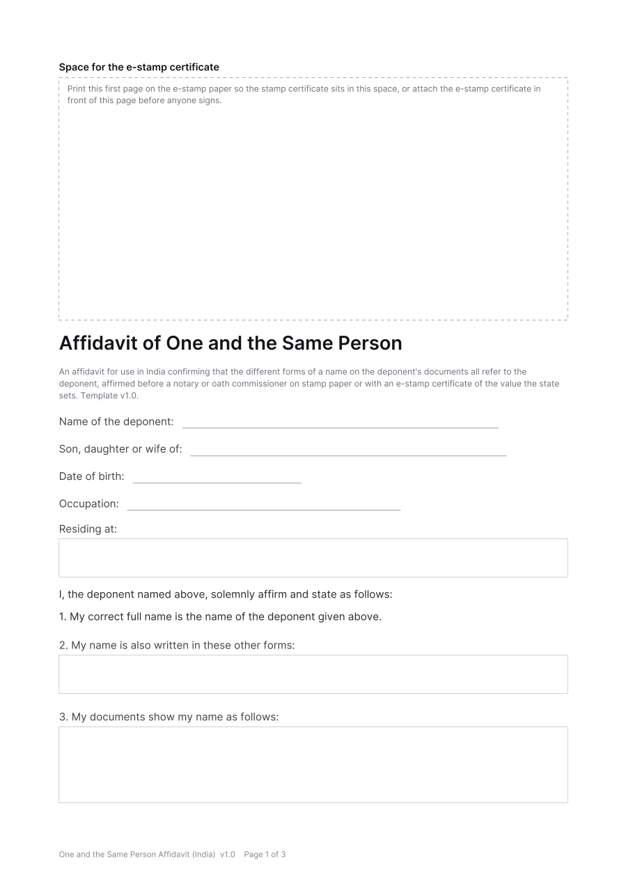 First page of the One and the Same Person Affidavit (India) template