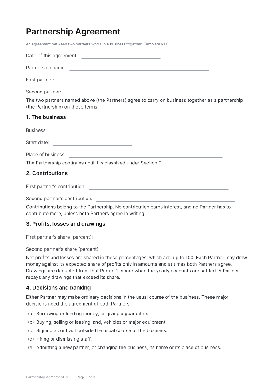 First page of the Partnership Agreement template