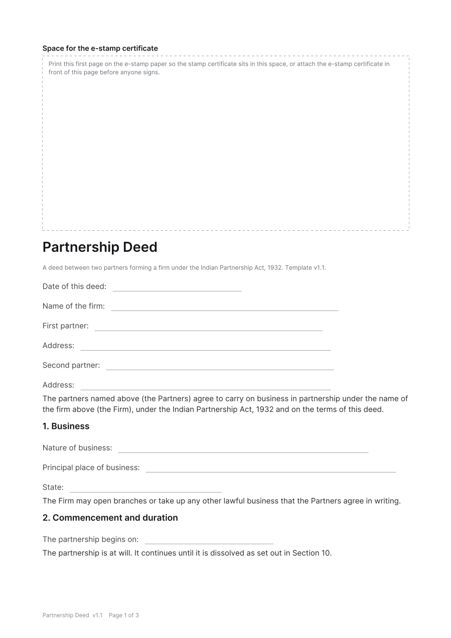 First page of the Partnership Deed template