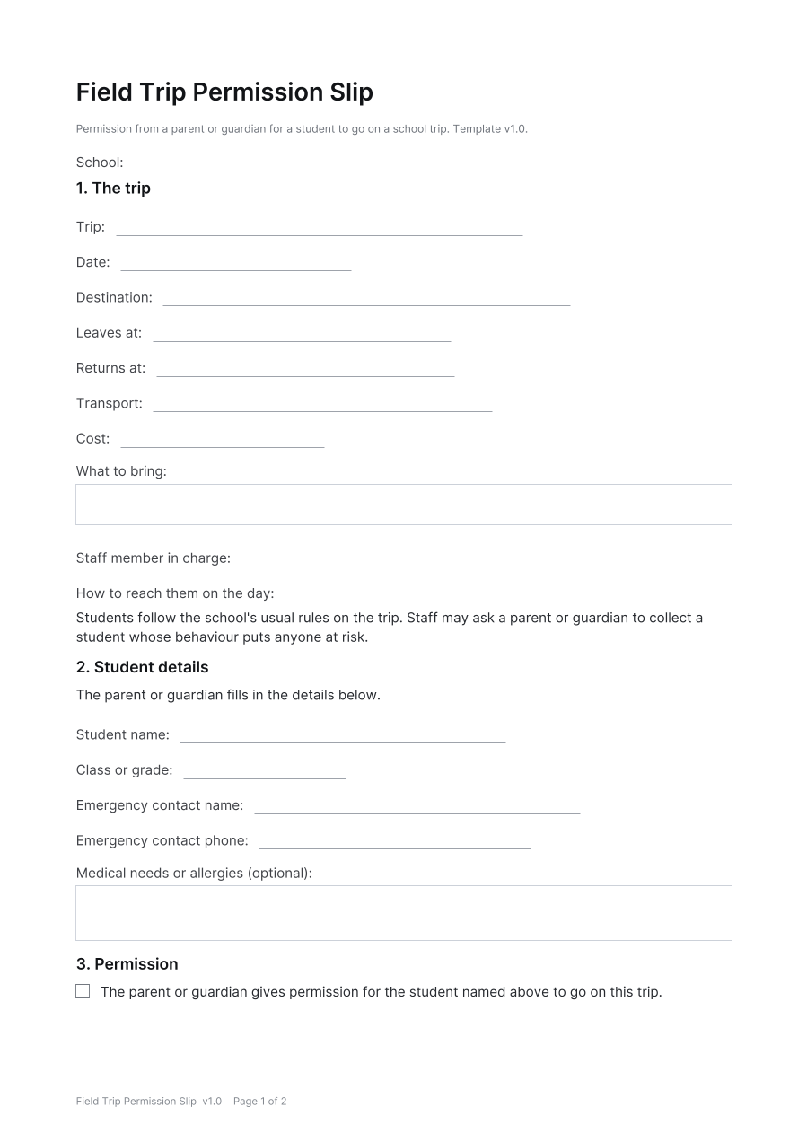 First page of the Field Trip Permission Slip template