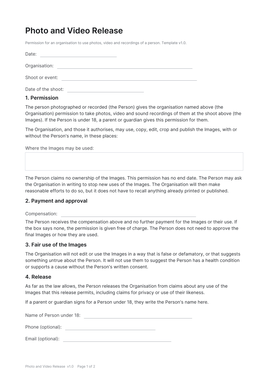 First page of the Photo and Video Release template