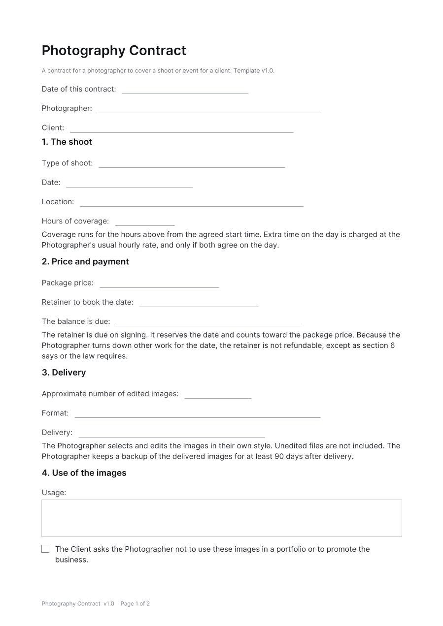 First page of the Photography Contract template