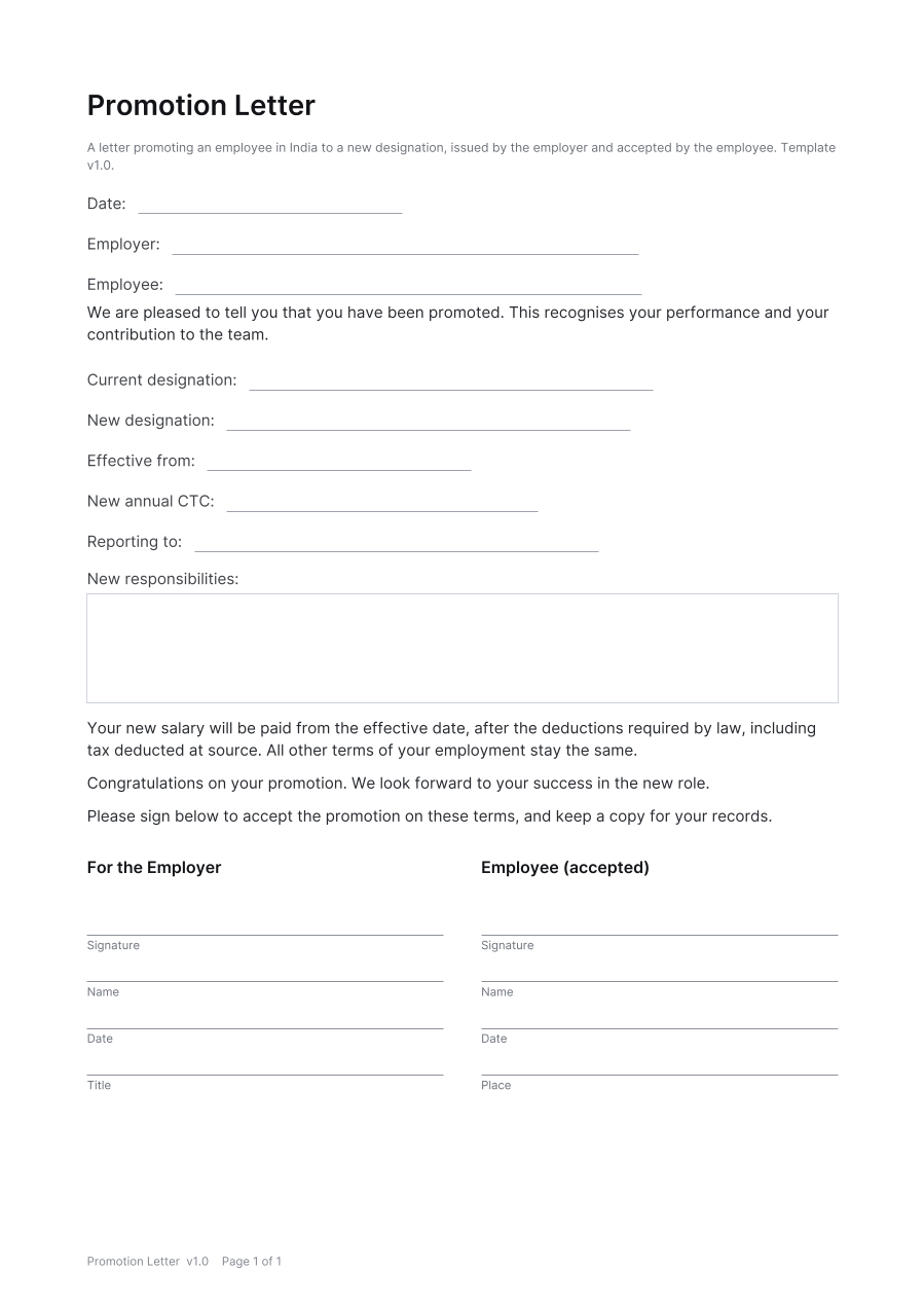 First page of the Promotion Letter template