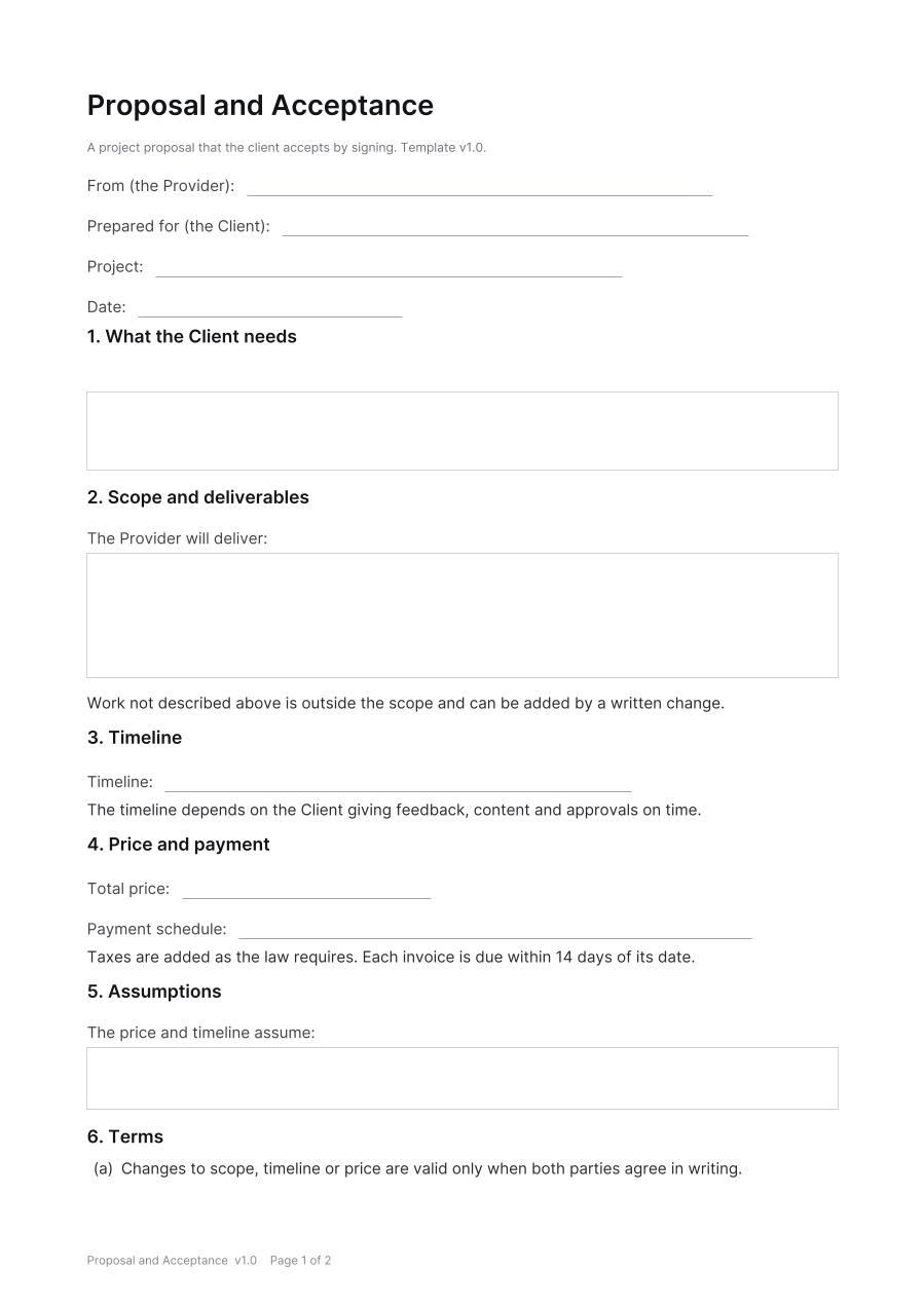 First page of the Proposal and Acceptance template