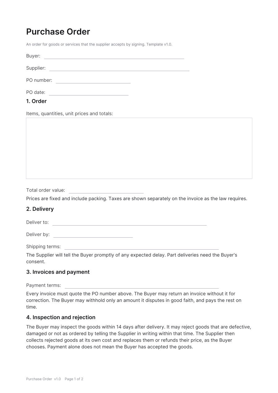 First page of the Purchase Order template