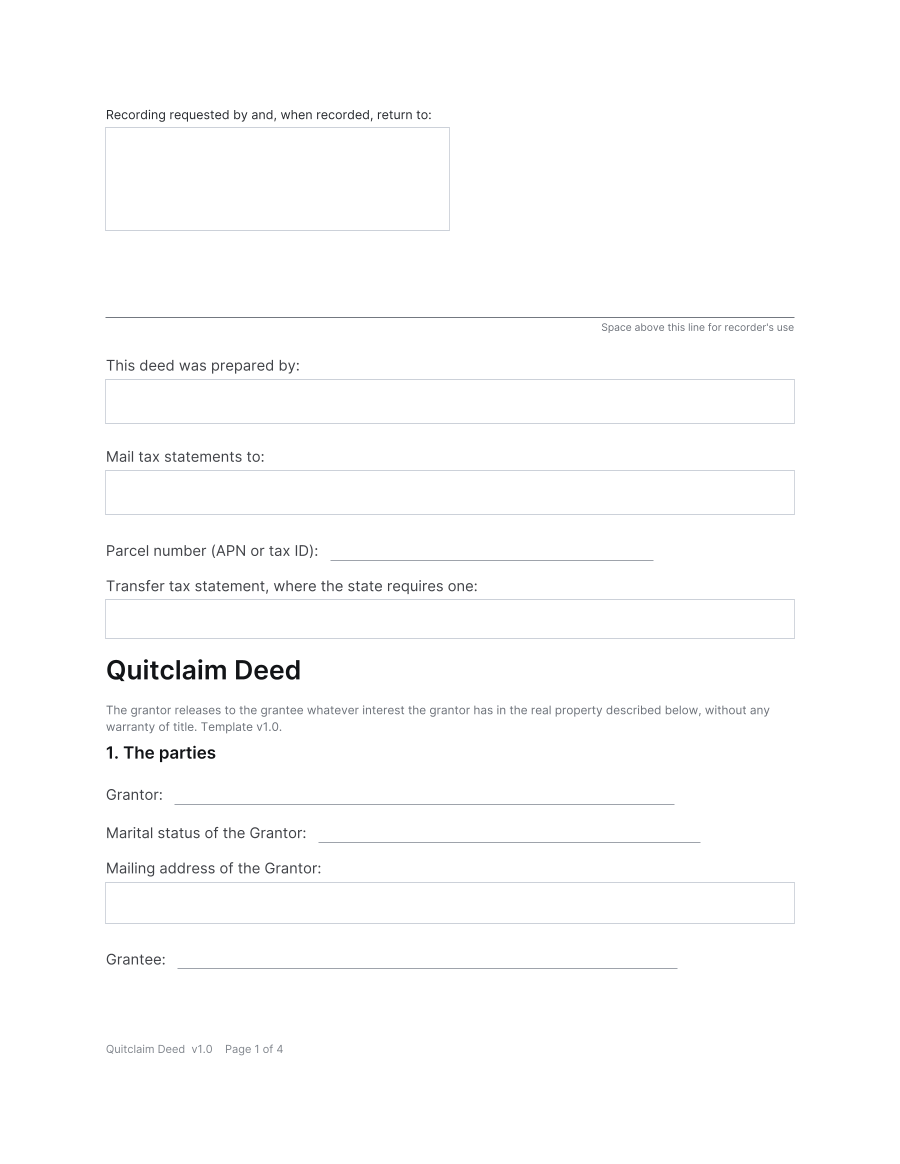 First page of the Quitclaim Deed template