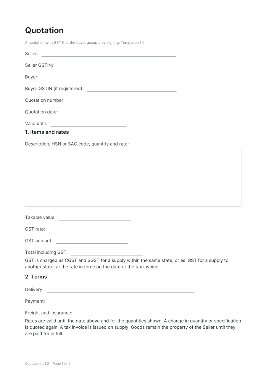 First page of the Quotation template