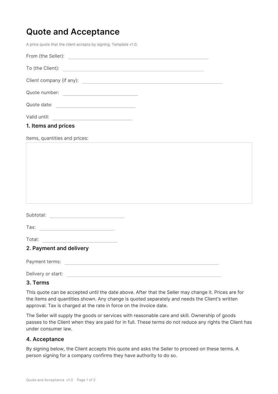 First page of the Quote and Acceptance template