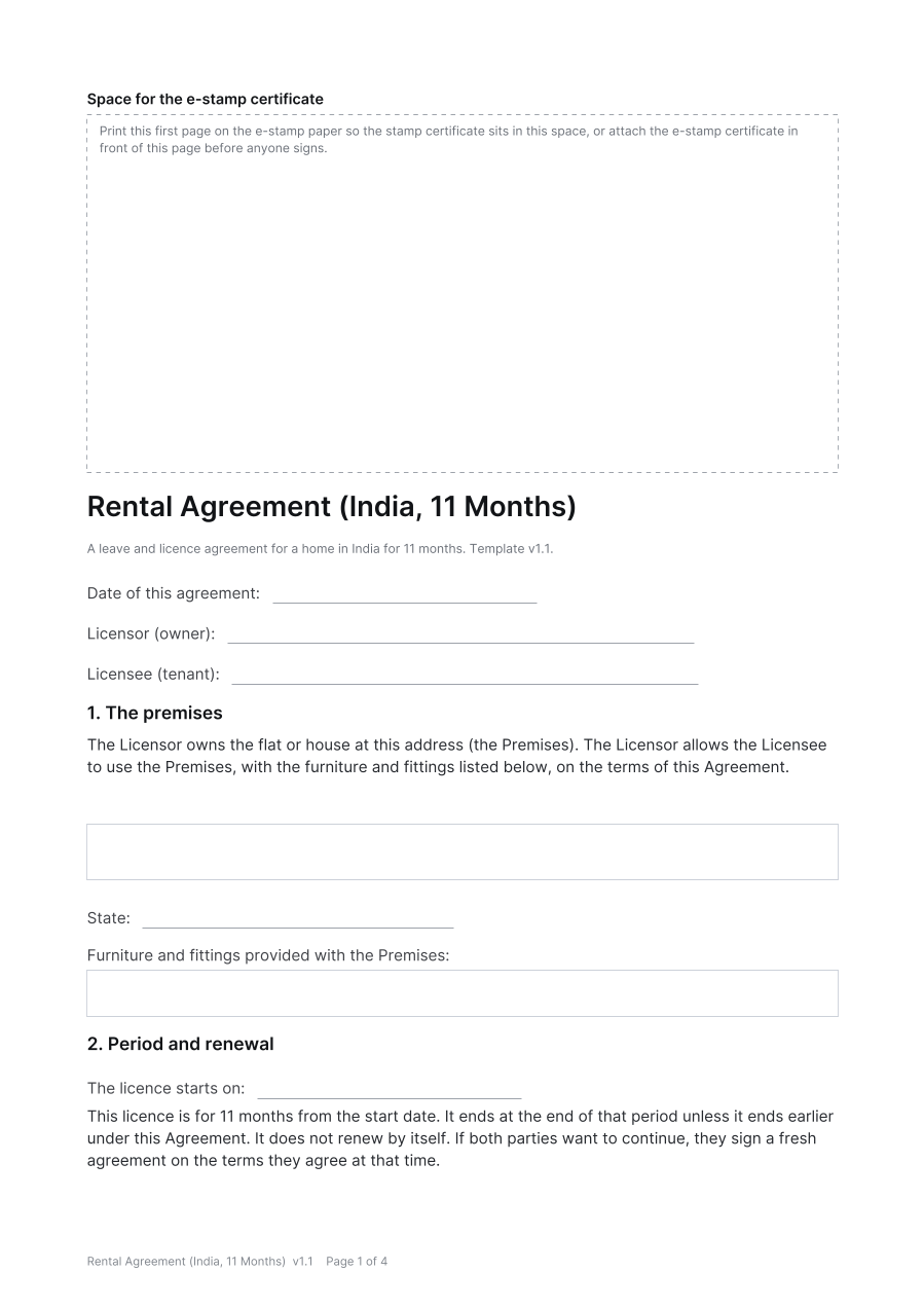 First page of the Rental Agreement (India, 11 Months) template