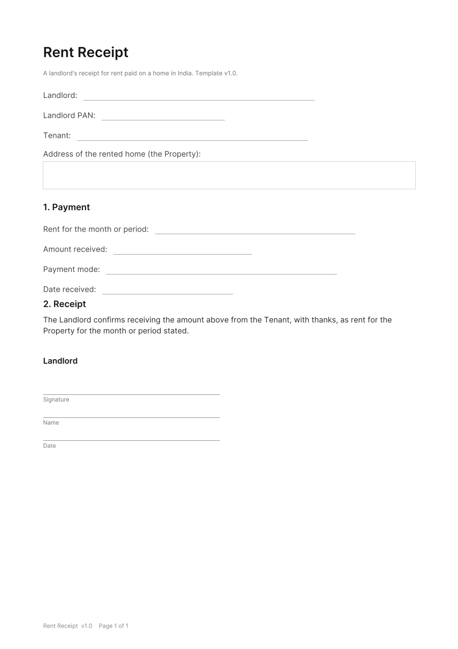 First page of the Rent Receipt template