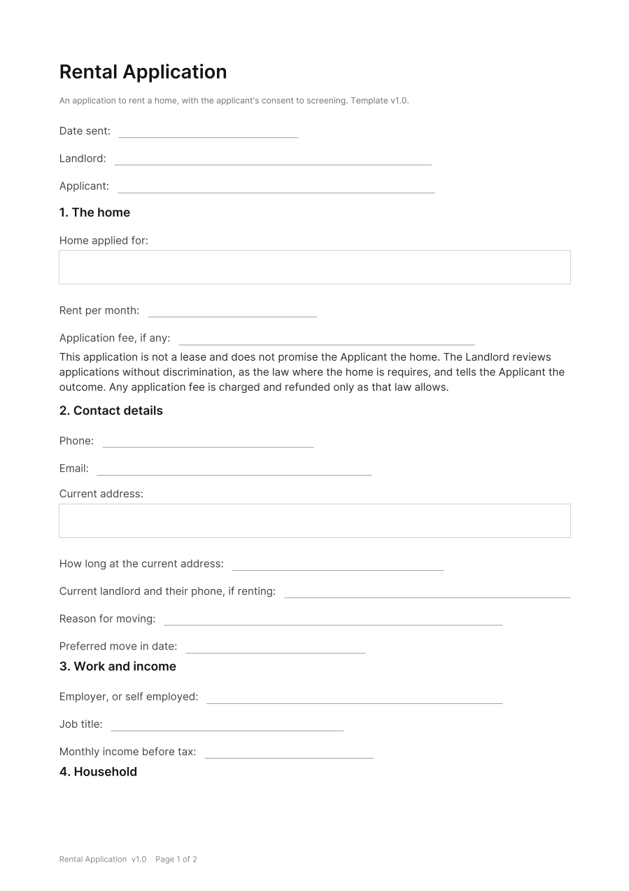 First page of the Rental Application template