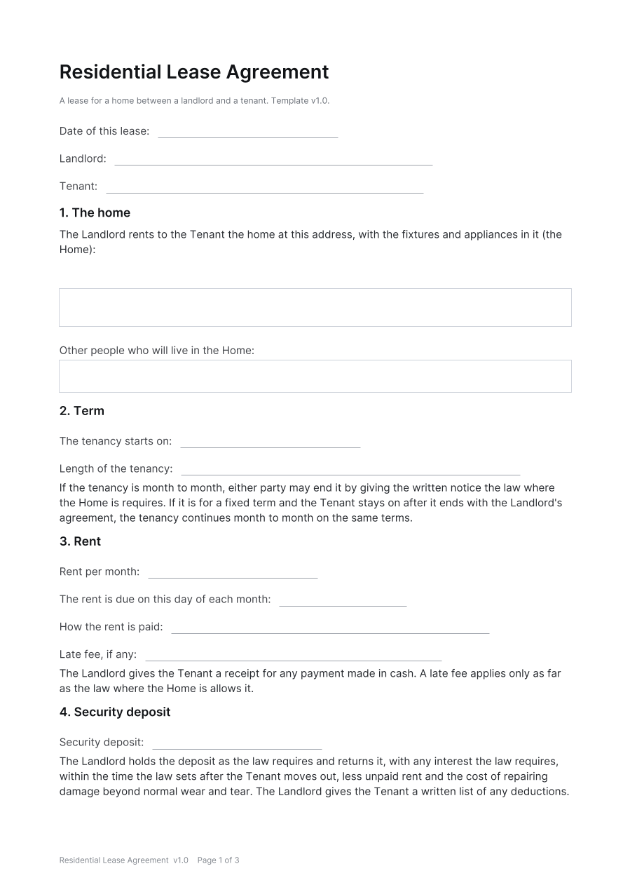 First page of the Residential Lease Agreement template