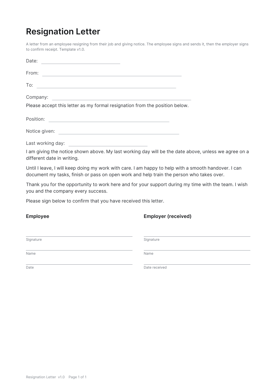 First page of the Resignation Letter template