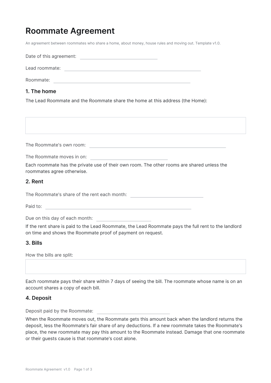 First page of the Roommate Agreement template
