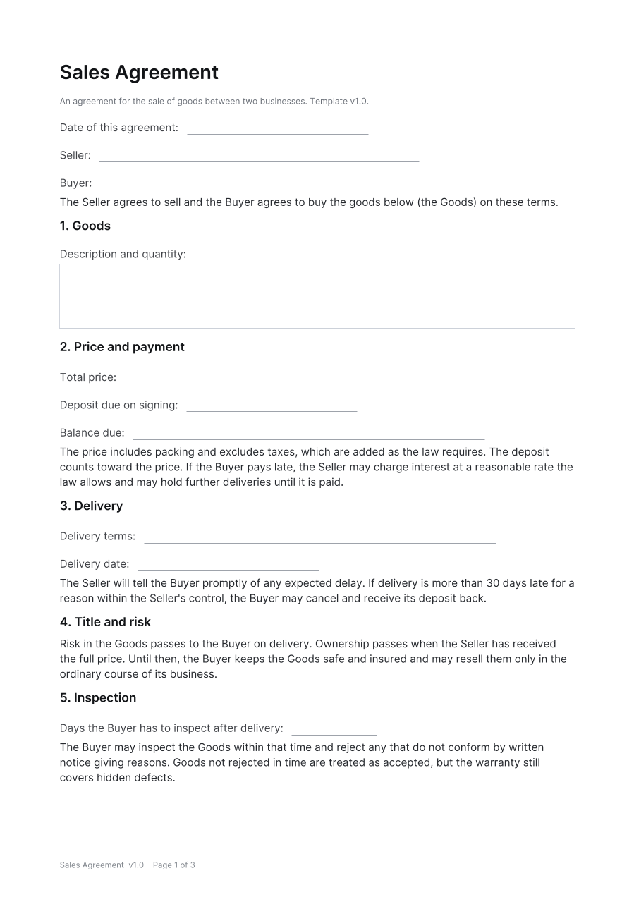 First page of the Sales Agreement template
