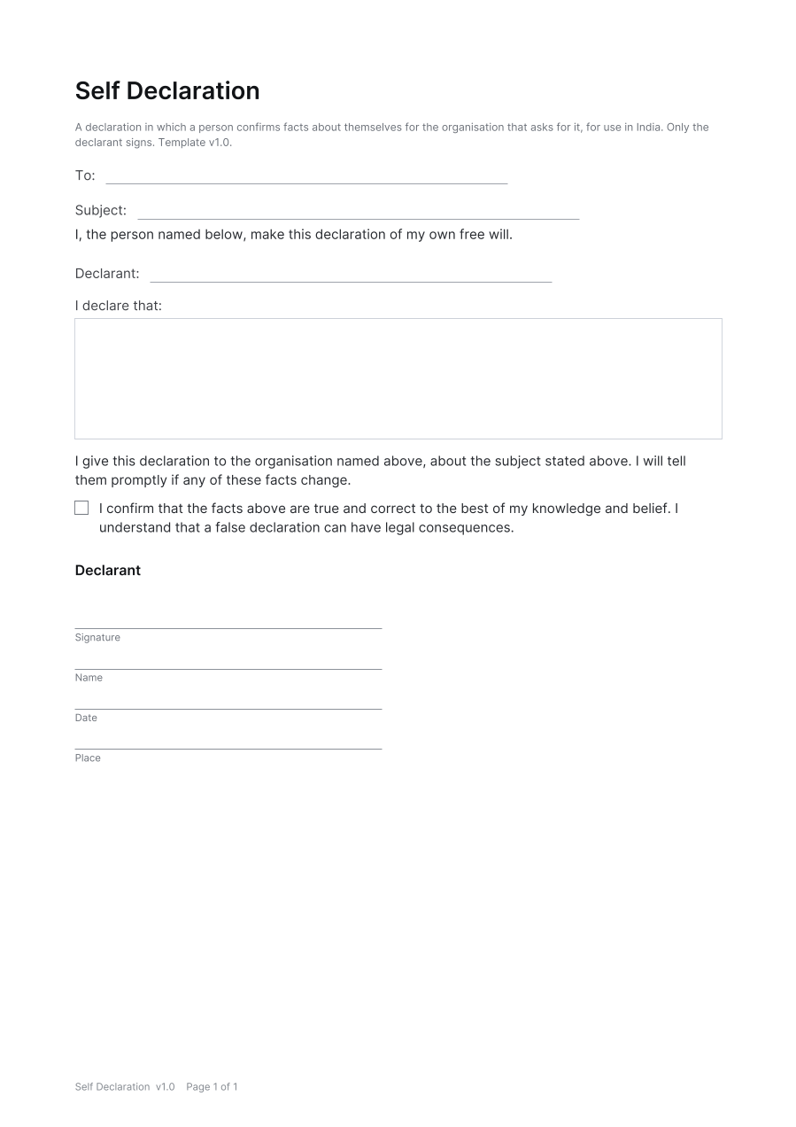 First page of the Self Declaration template