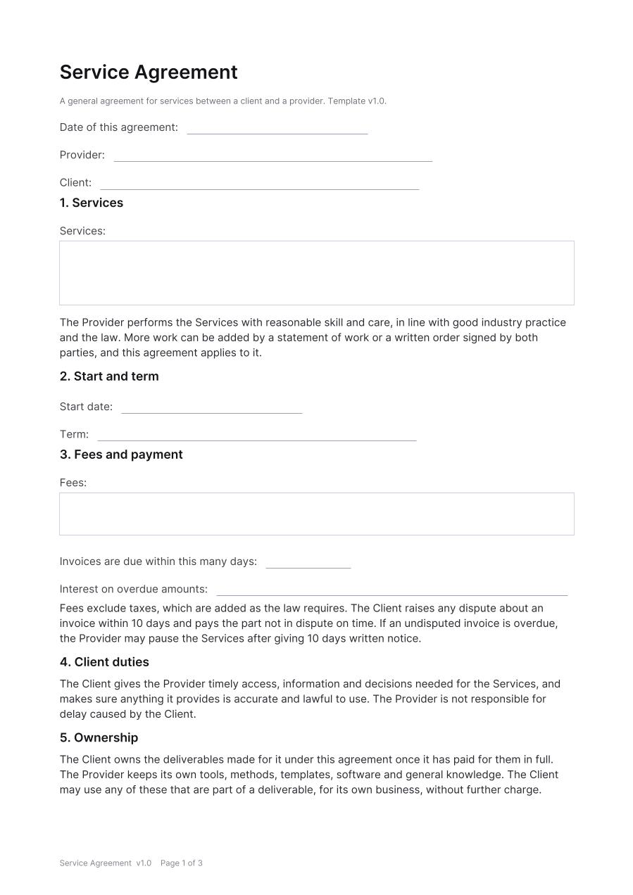 First page of the Service Agreement template
