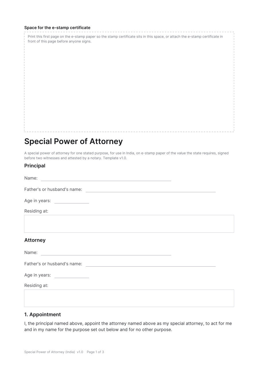 First page of the Special Power of Attorney (India) template