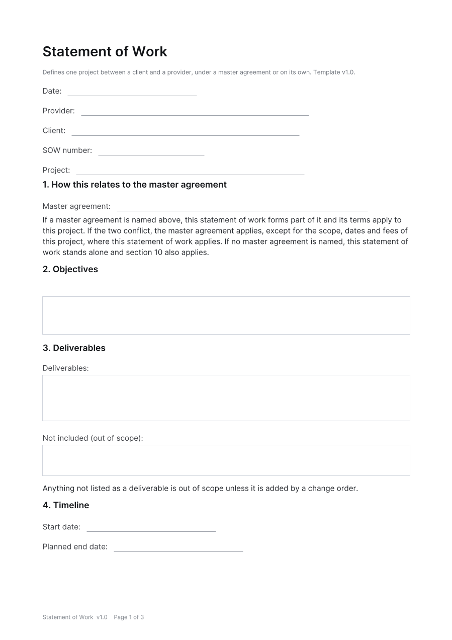 First page of the Statement of Work template