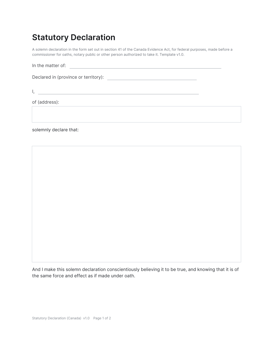 First page of the Statutory Declaration (Canada) template