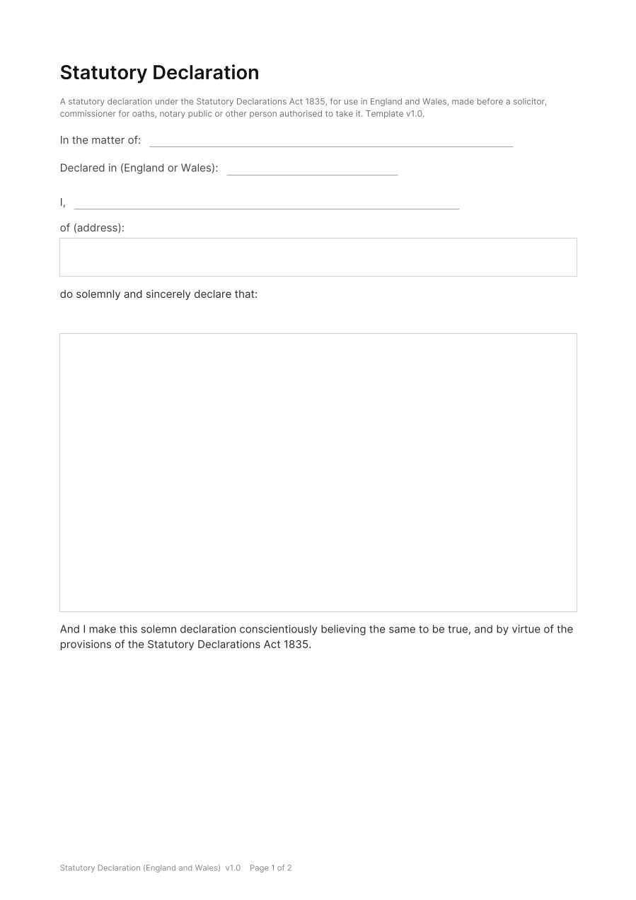 First page of the Statutory Declaration (England and Wales) template