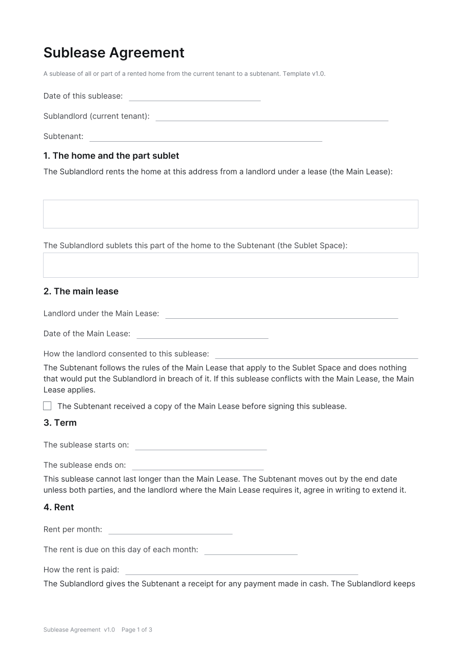 First page of the Sublease Agreement template