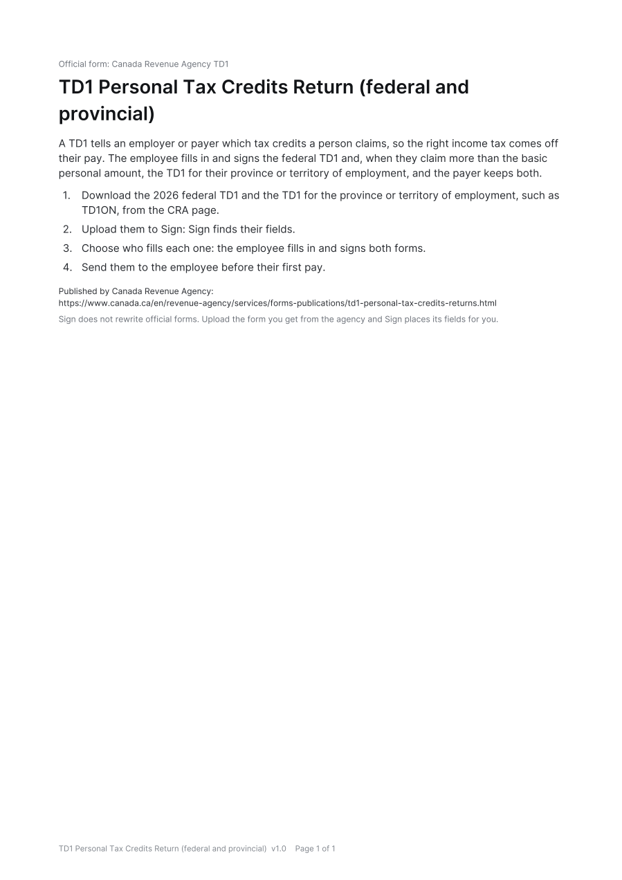 First page of the TD1 Personal Tax Credits Return (federal and provincial) template