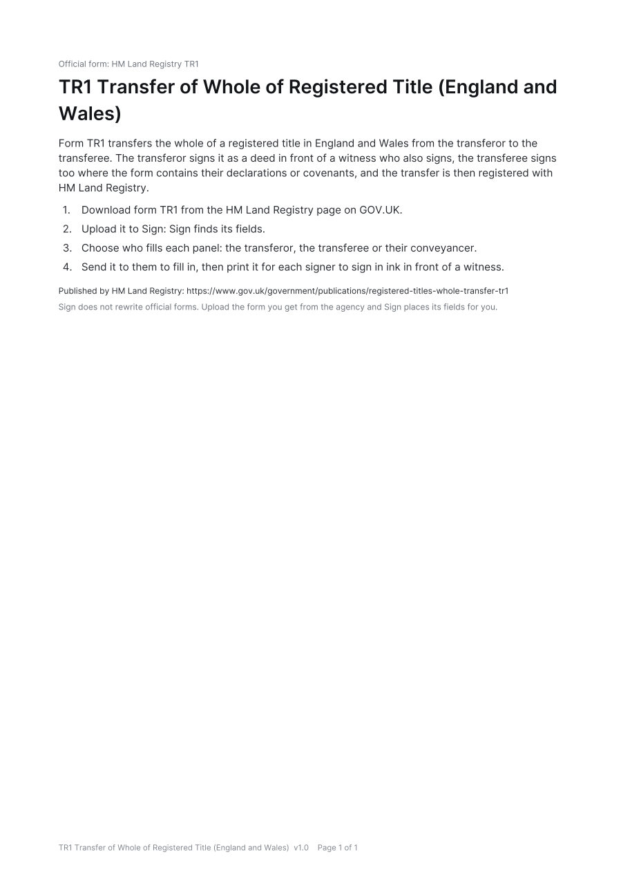 First page of the TR1 Transfer of Whole of Registered Title (England and Wales) template