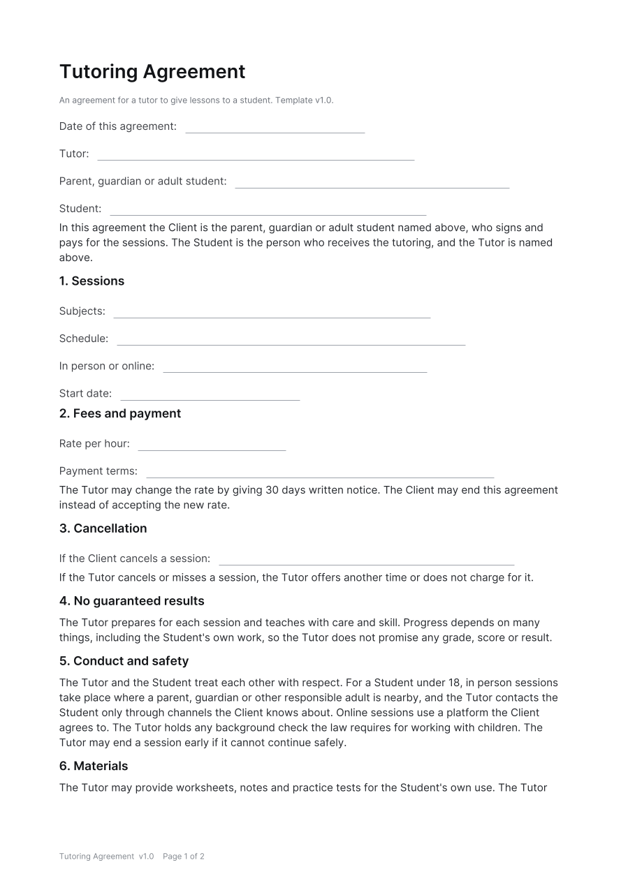 First page of the Tutoring Agreement template