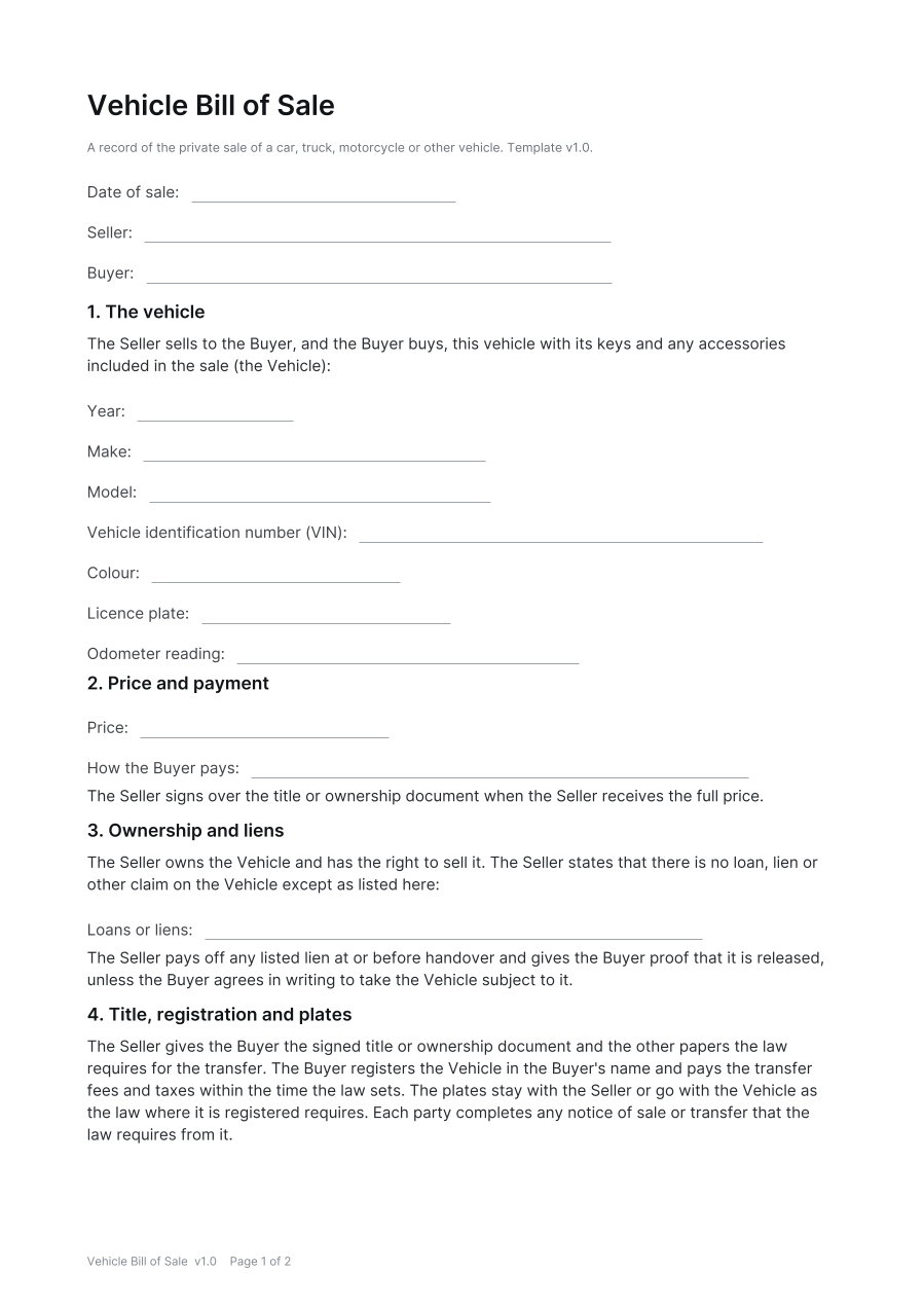 First page of the Vehicle Bill of Sale template