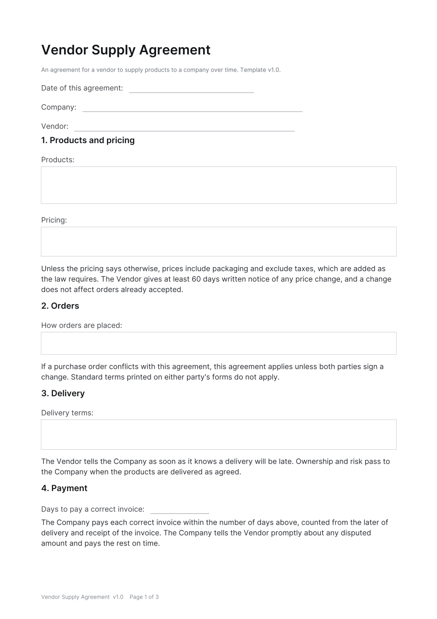 First page of the Vendor Supply Agreement template