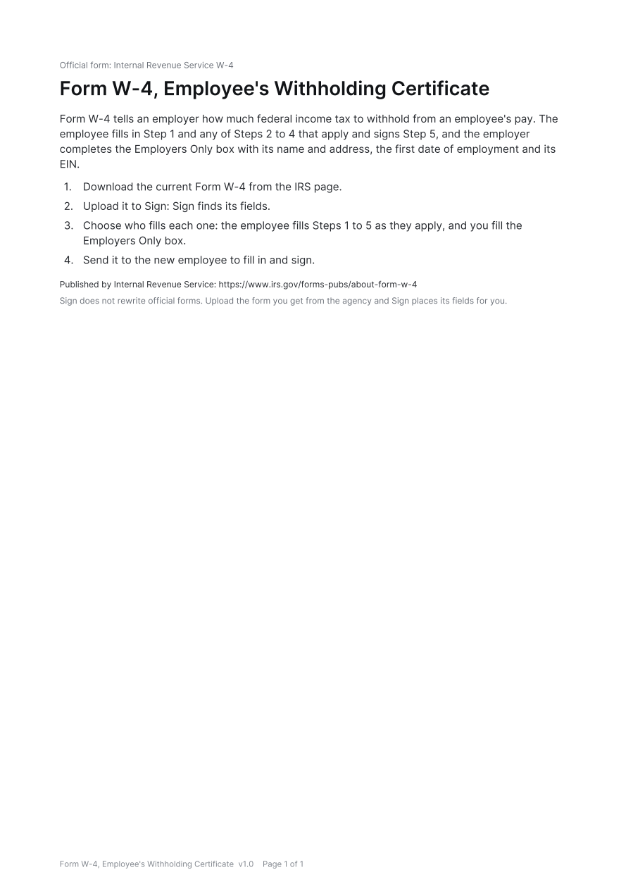First page of the Form W-4, Employee's Withholding Certificate template