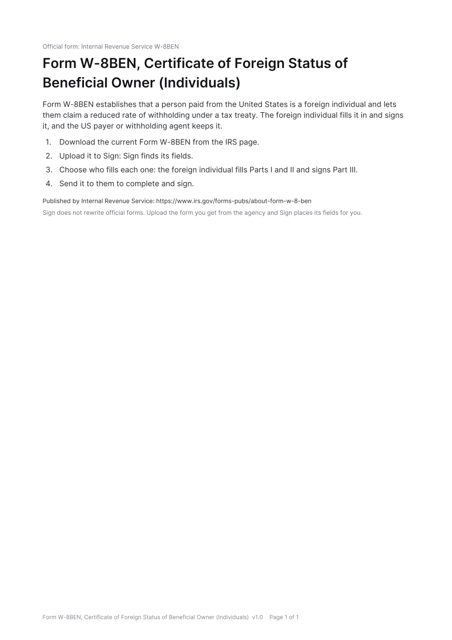 First page of the Form W-8BEN, Certificate of Foreign Status of Beneficial Owner (Individuals) template