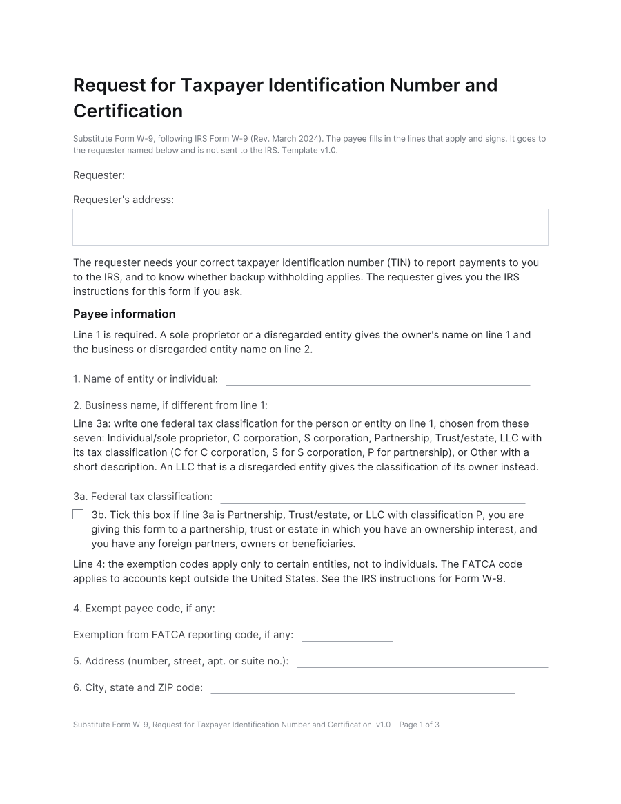 First page of the Substitute Form W-9, Request for Taxpayer Identification Number and Certification template