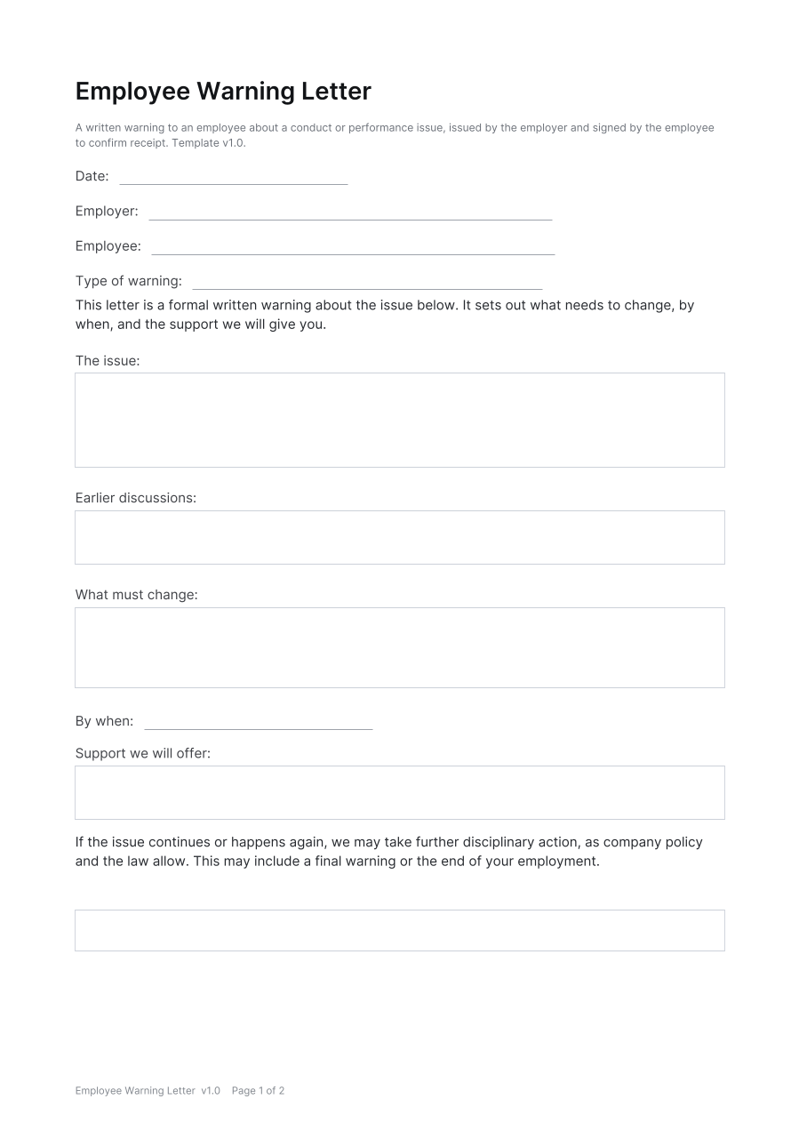 First page of the Employee Warning Letter template